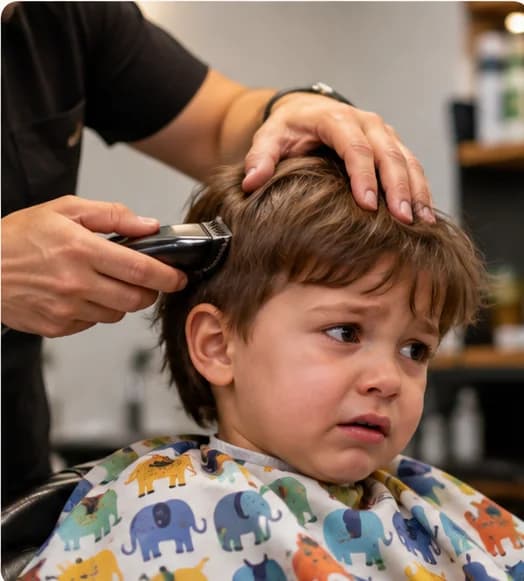 A young boy looks worried as a hairdresser trims his hair with clippers.