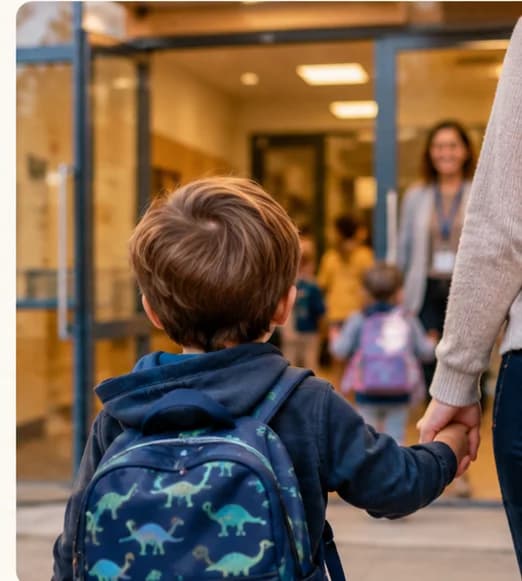 A young boy with a backpack holds a grown-up's hand as they walk into a school.