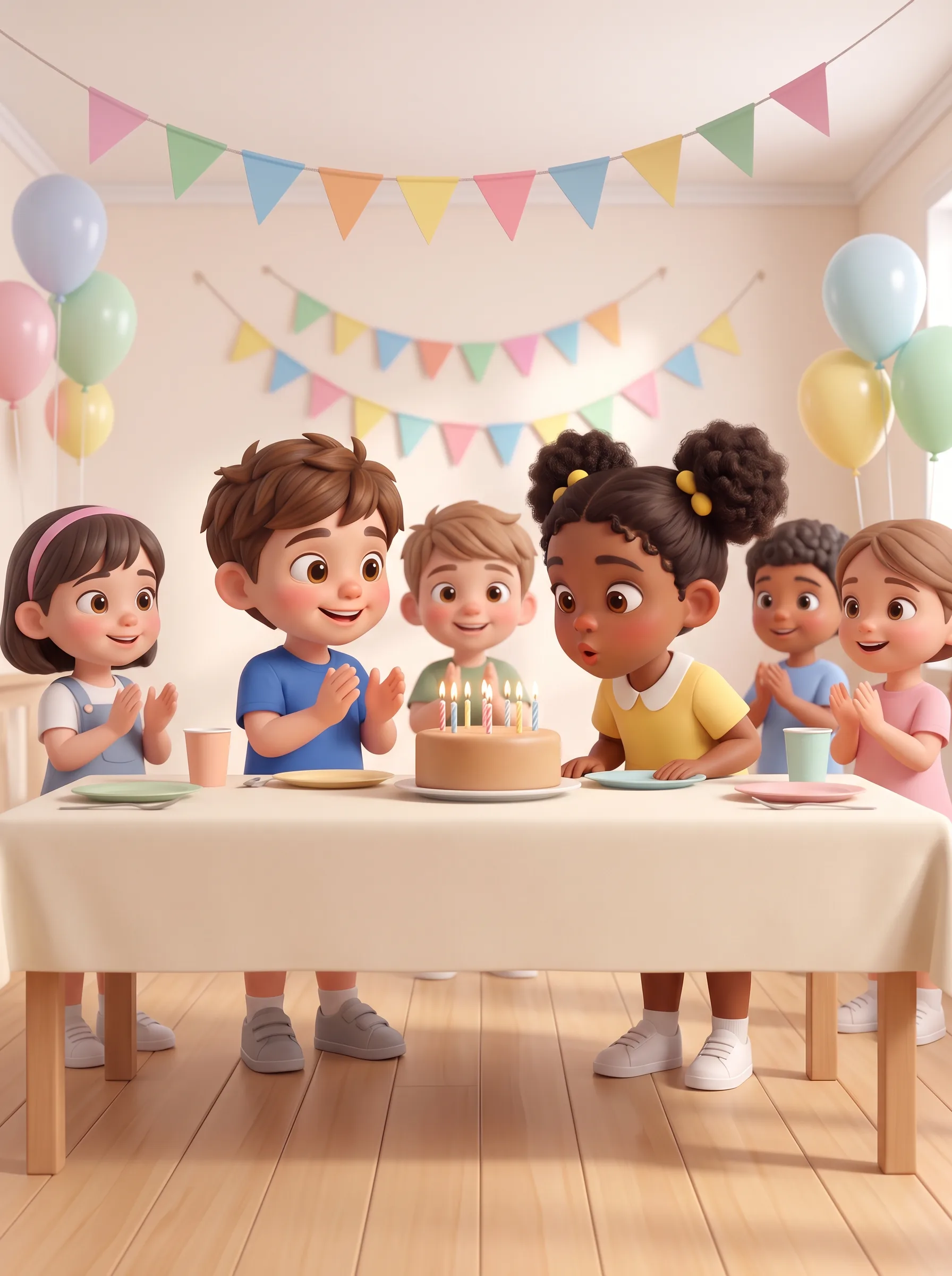 Lucas and his friends clap as Amira blows out her birthday candles.