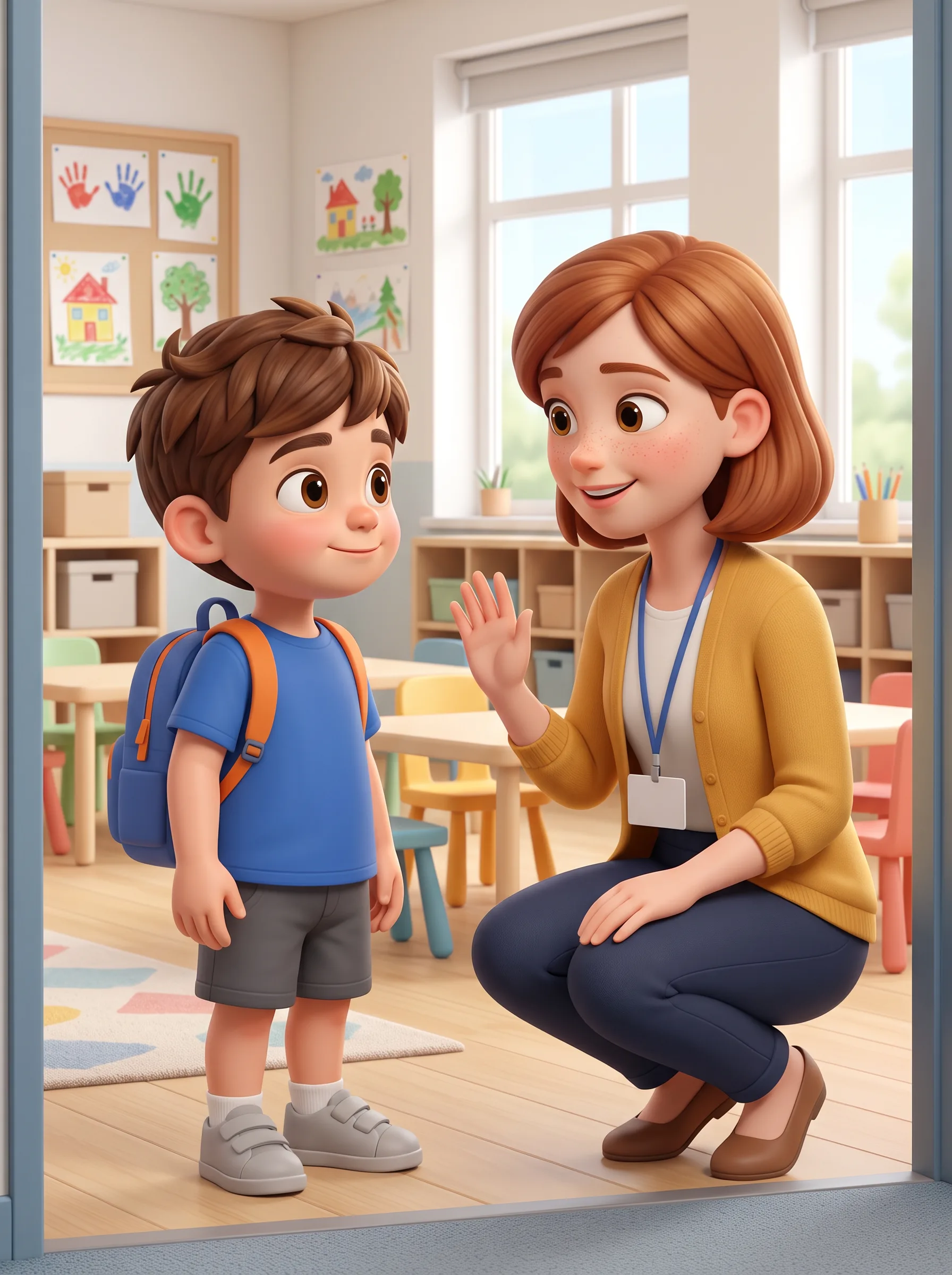 Lucas meets his new teacher at the classroom door.