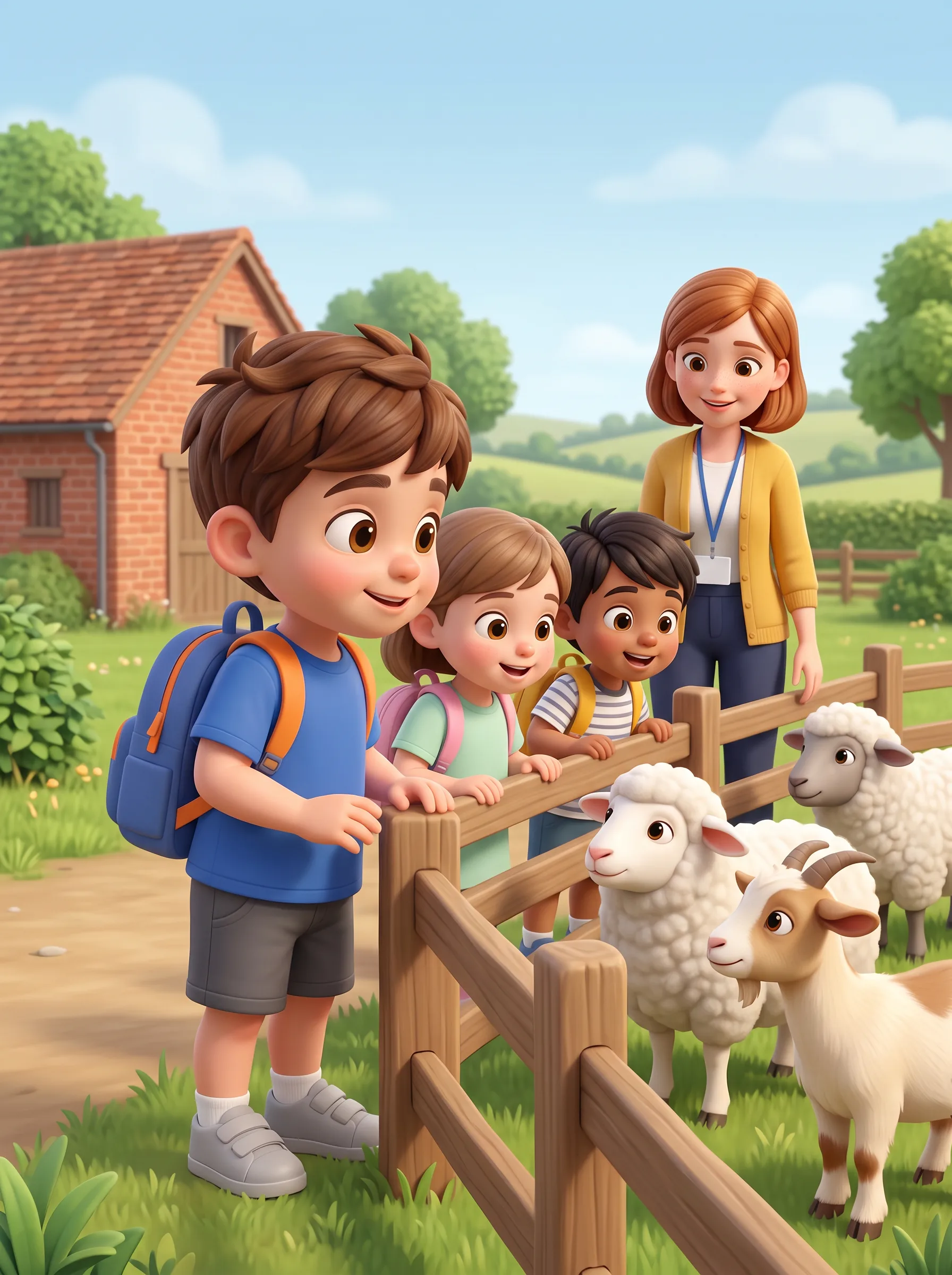 Lucas and his classmates look at sheep and a goat on a farm.