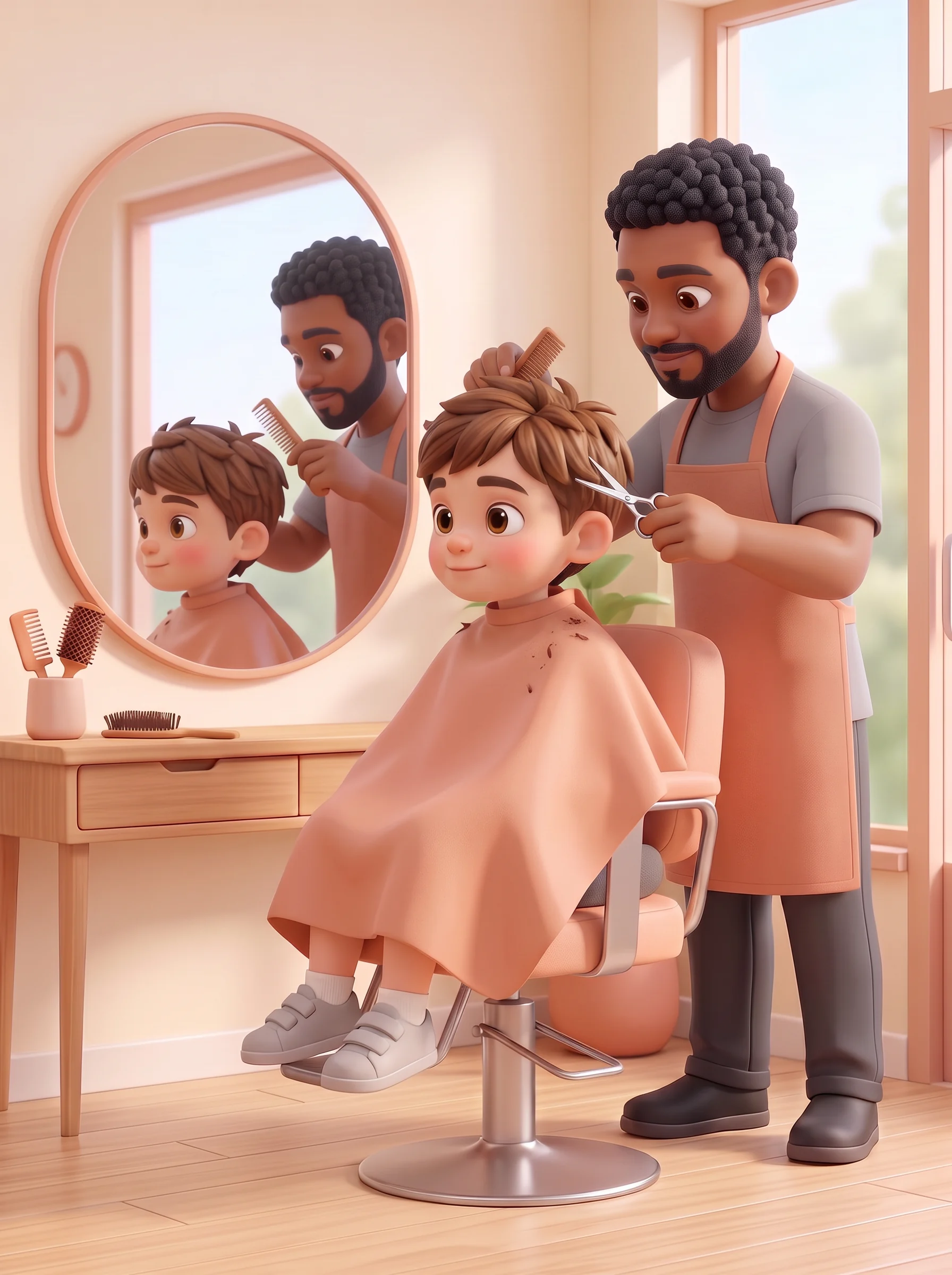 Lucas sits calmly in a peach cape while the hairdresser trims his hair with a comb and scissors.