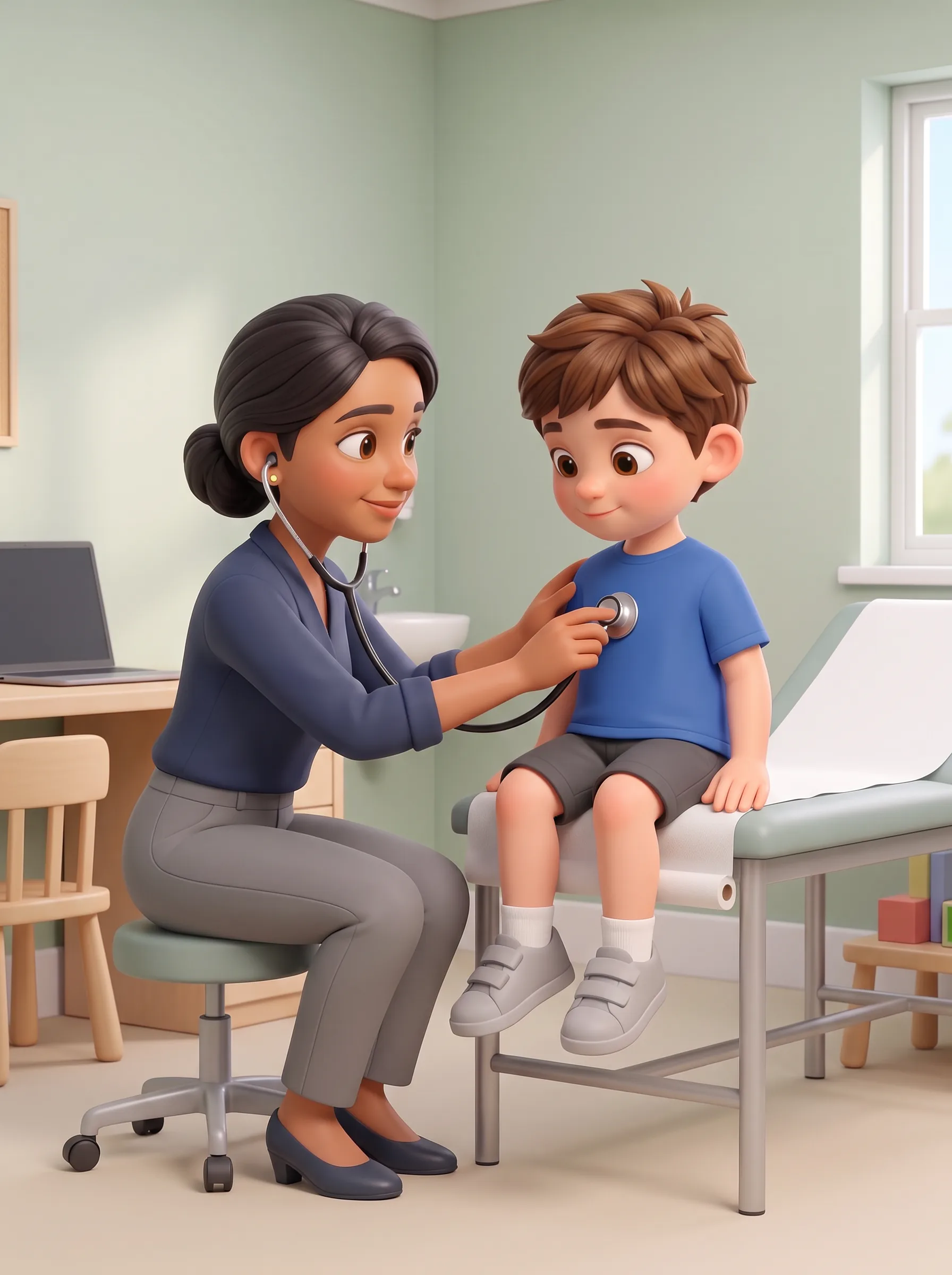 The doctor listens to Lucas's chest with a stethoscope.